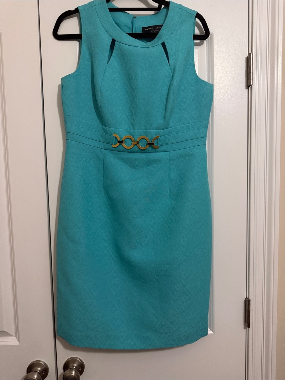 Tahari ASL Turquoise Sheath Dress with Gold Waist Detail